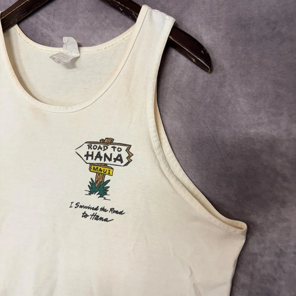 VTG Road to Hana Maui Tank Top Shirt Men's Large White Graphic Hawaii Souvenir